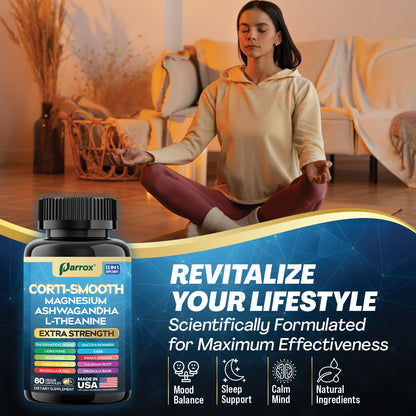 Parrox Corti-Smooth Cortisol Supplement Magnesium, L-Theanine, Ashwagandha, Phosphatidylserine, Valerian Root, Lions Mane, Bacopa Monnieri, Ginkgo Biloba, Panax Ginseng, Magnolia Bark, GABA (60 Caps) - Maple Wellness Supplements