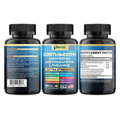 Parrox Corti-Smooth Cortisol Supplement Magnesium, L-Theanine, Ashwagandha, Phosphatidylserine, Valerian Root, Lions Mane, Bacopa Monnieri, Ginkgo Biloba, Panax Ginseng, Magnolia Bark, GABA (60 Caps) - Maple Wellness Supplements