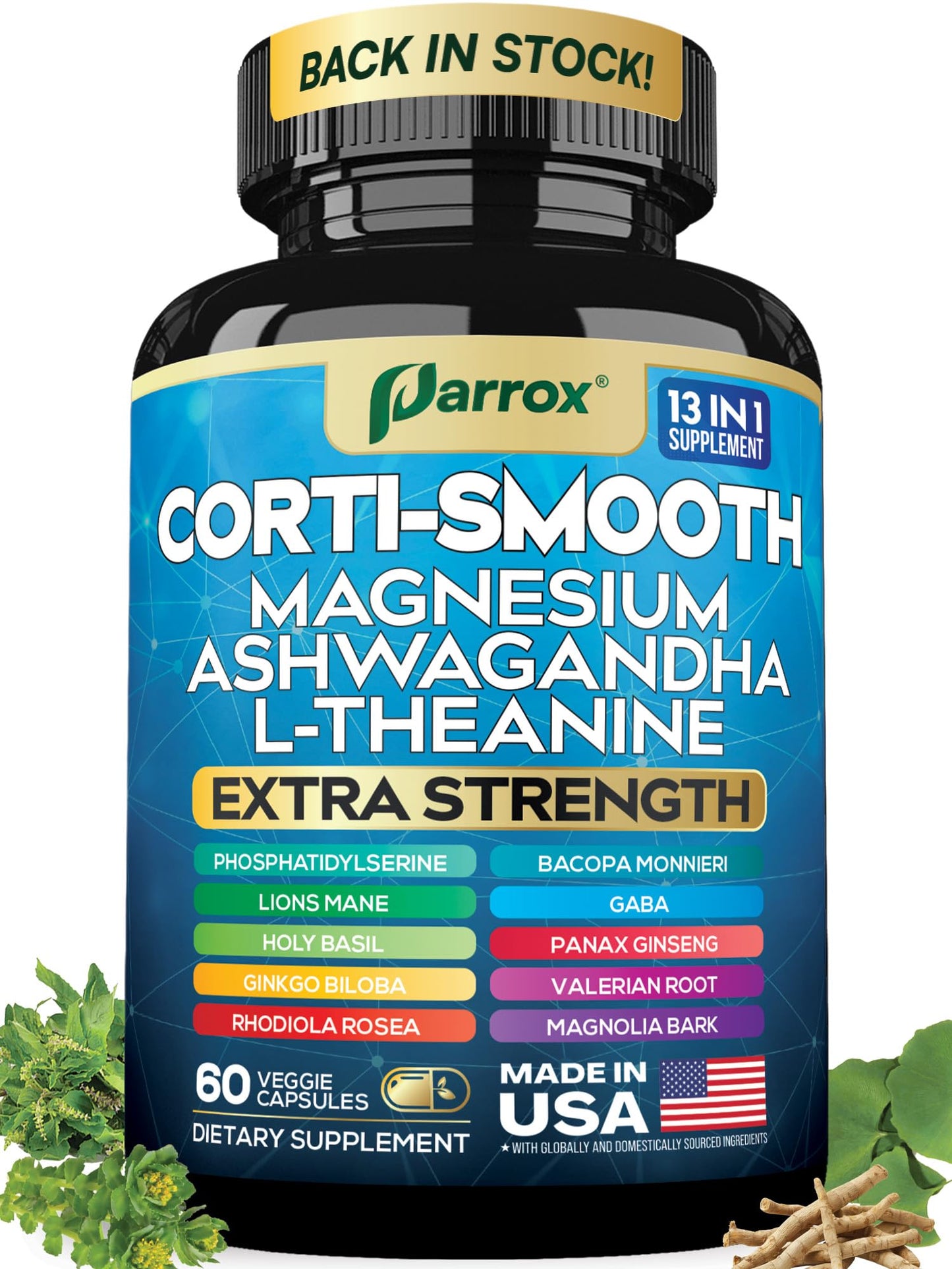 Parrox Corti-Smooth Cortisol Supplement Magnesium, L-Theanine, Ashwagandha, Phosphatidylserine, Valerian Root, Lions Mane, Bacopa Monnieri, Ginkgo Biloba, Panax Ginseng, Magnolia Bark, GABA (60 Caps) - Maple Wellness Supplements