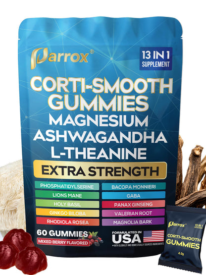 Parrox Corti-Smooth Cortisol Support Gummies with Magnesium, L-Theanine, Ashwagandha, Phosphatidylserine, Bacopa Monnieri, Lions Mane, Ginkgo Biloba, Valerian Root (60 Gummies - Mixed Berry Flavor) - Maple Wellness Supplements