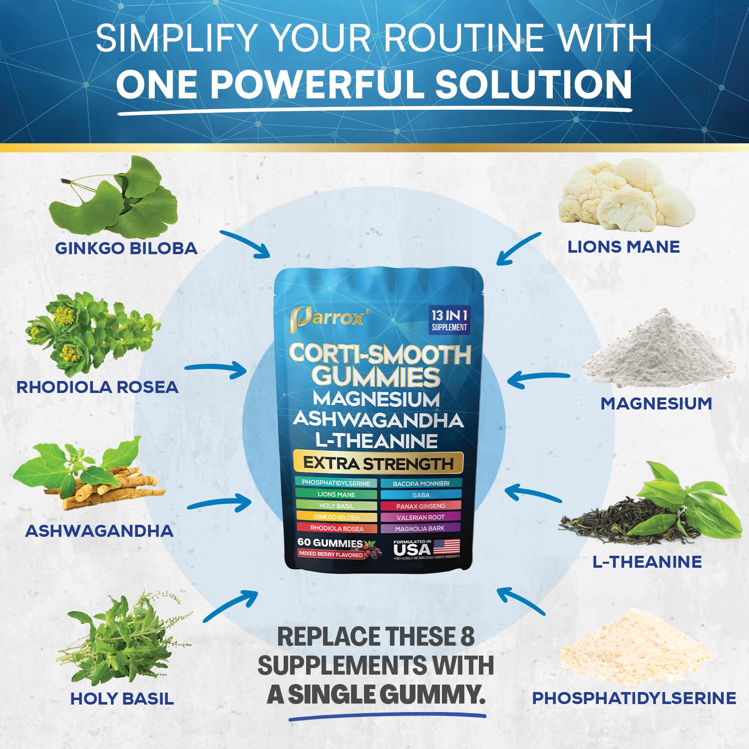 Parrox Corti-Smooth Cortisol Support Gummies with Magnesium, L-Theanine, Ashwagandha, Phosphatidylserine, Bacopa Monnieri, Lions Mane, Ginkgo Biloba, Valerian Root (60 Gummies - Mixed Berry Flavor) - Maple Wellness Supplements