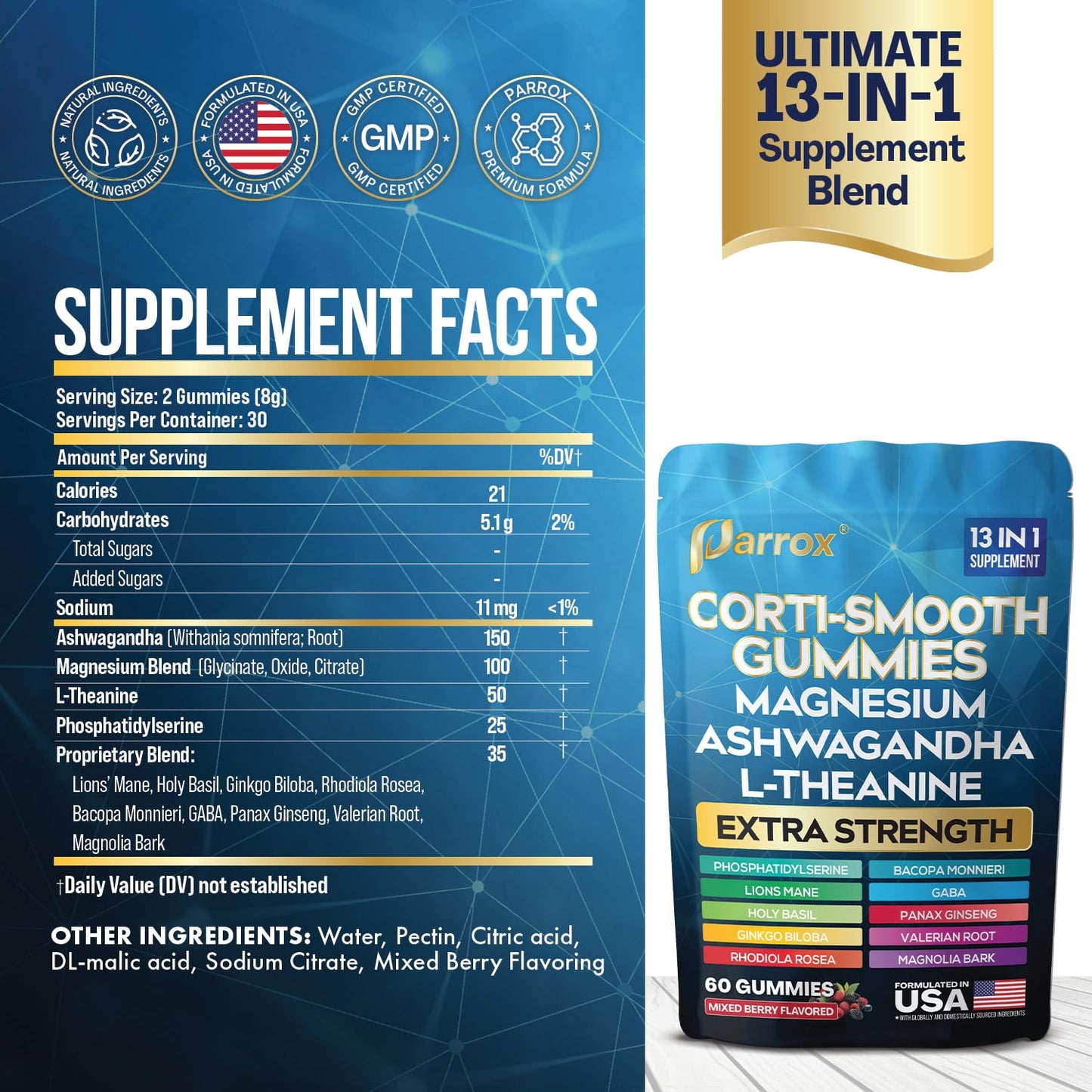 Parrox Corti-Smooth Cortisol Support Gummies with Magnesium, L-Theanine, Ashwagandha, Phosphatidylserine, Bacopa Monnieri, Lions Mane, Ginkgo Biloba, Valerian Root (60 Gummies - Mixed Berry Flavor) - Maple Wellness Supplements