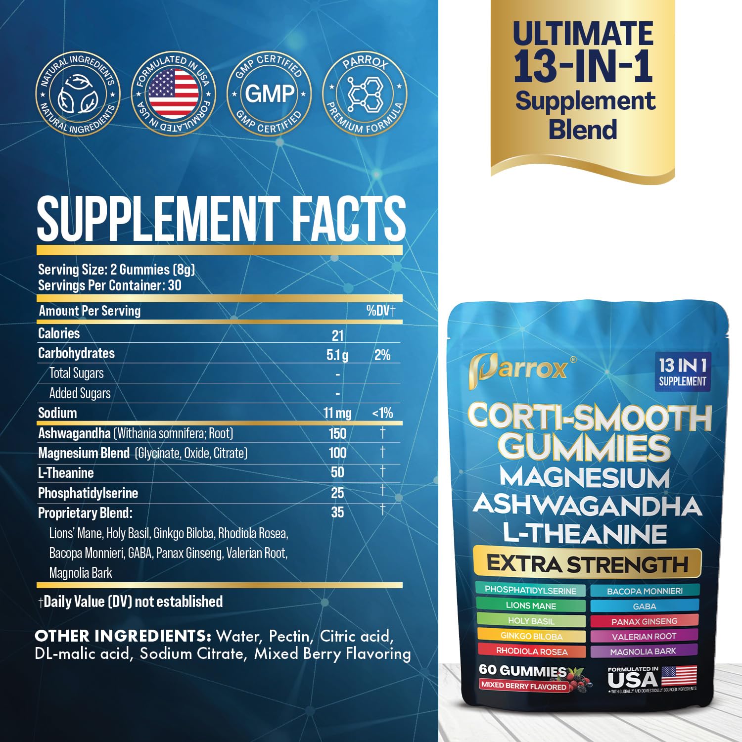 Parrox Corti-Smooth Cortisol Support Gummies with Magnesium, L-Theanine, Ashwagandha, Phosphatidylserine, Bacopa Monnieri, Lions Mane, Ginkgo Biloba, Valerian Root (60 Gummies - Mixed Berry Flavor) - Maple Wellness Supplements