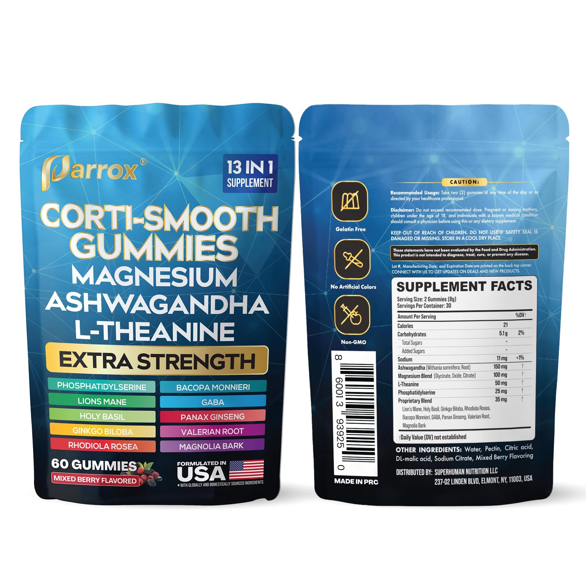 Parrox Corti-Smooth Cortisol Support Gummies with Magnesium, L-Theanine, Ashwagandha, Phosphatidylserine, Bacopa Monnieri, Lions Mane, Ginkgo Biloba, Valerian Root (60 Gummies - Mixed Berry Flavor) - Maple Wellness Supplements