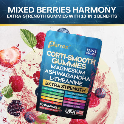 Parrox Corti-Smooth Cortisol Support Gummies with Magnesium, L-Theanine, Ashwagandha, Phosphatidylserine, Bacopa Monnieri, Lions Mane, Ginkgo Biloba, Valerian Root (60 Gummies - Mixed Berry Flavor) - Maple Wellness Supplements