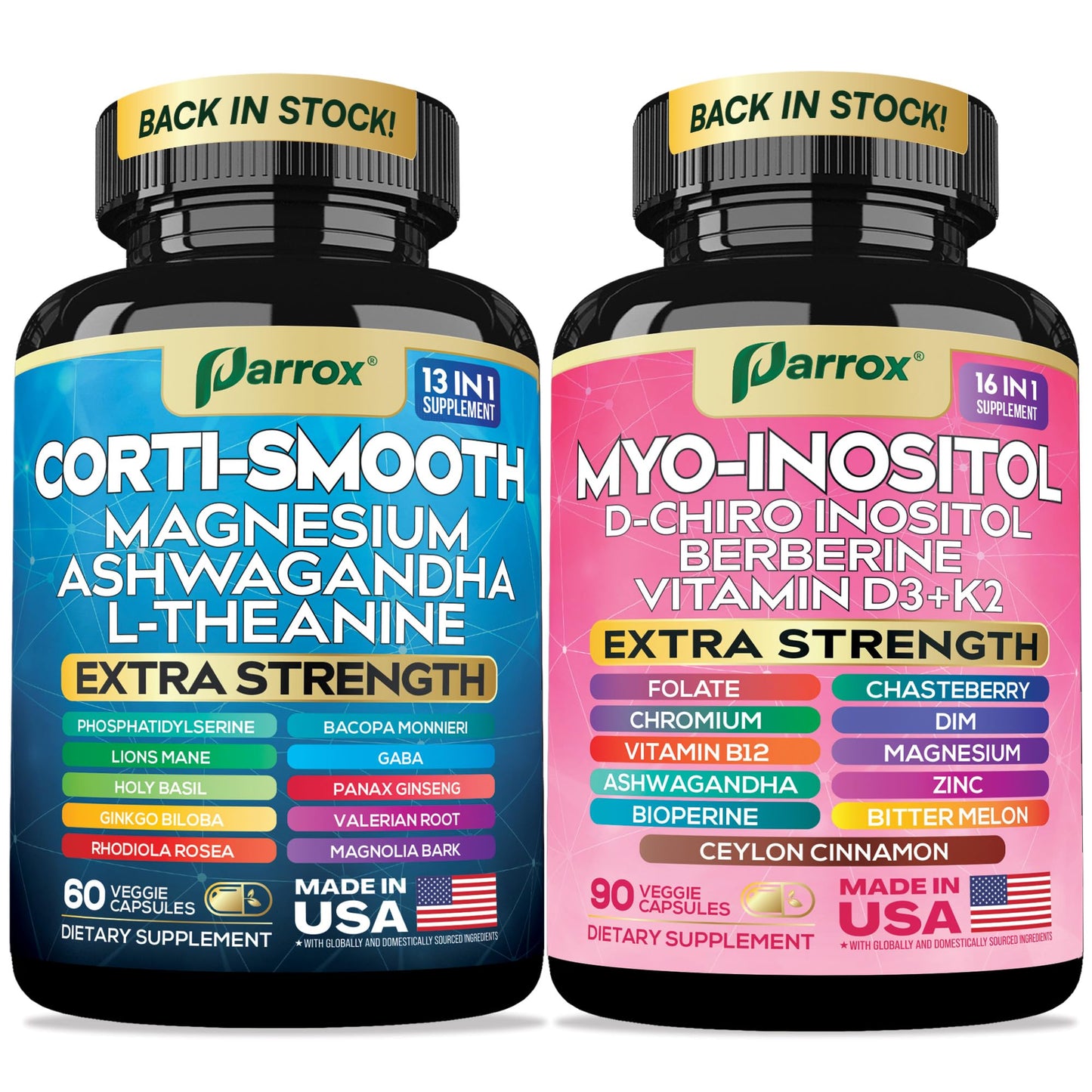 Parrox Cortisol & Myo-Inositol Supplement Bundle, Soothe & Smooth Bundle, 13-in-1 Cortisol Balance, Magnesium, Ashwagandha, L-Theanine, D-Chiro Inositol, Folate, Berberine, Chasteberry (150 Capsules) - Maple Wellness Supplements