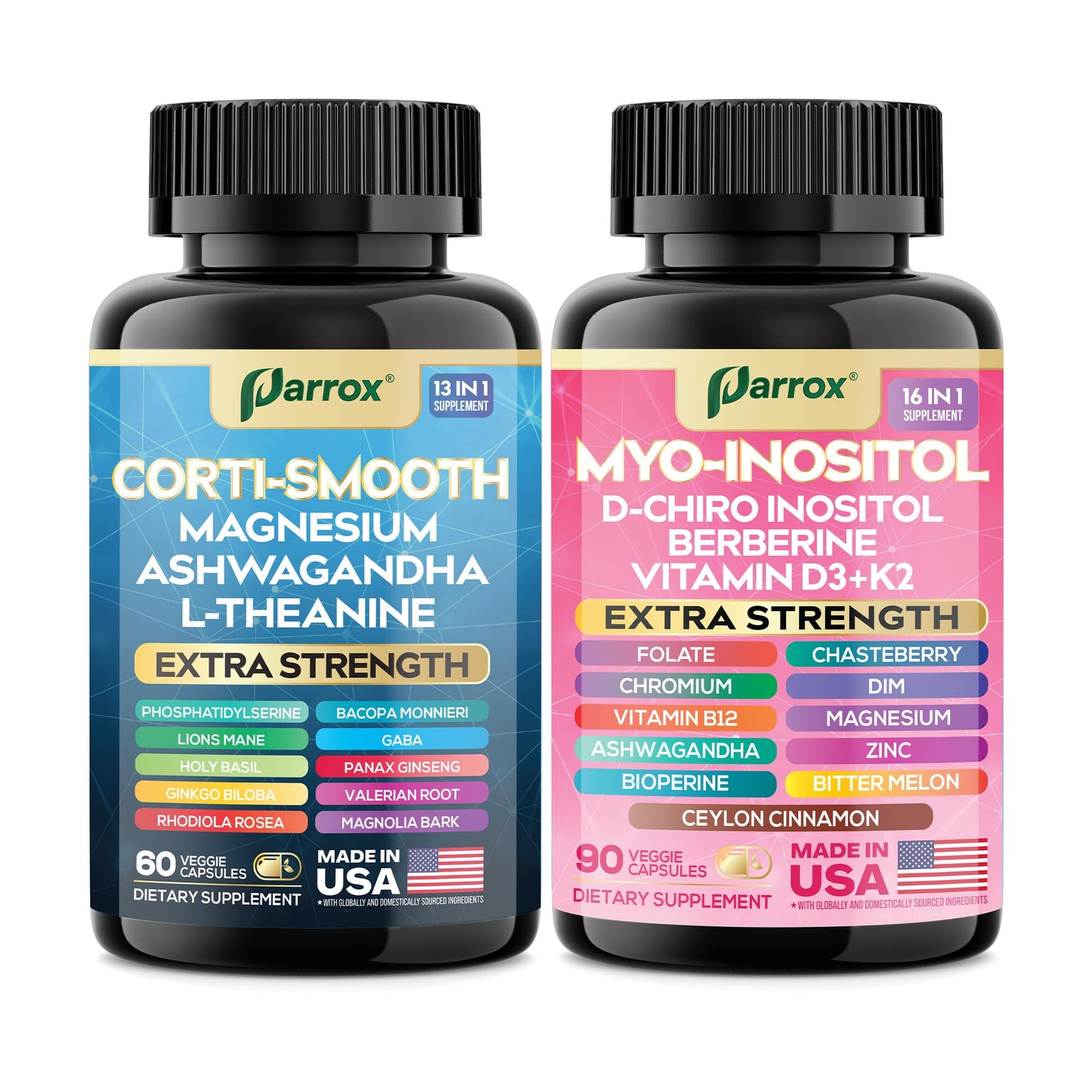 Parrox Cortisol & Myo-Inositol Supplement Bundle, Soothe & Smooth Bundle, 13-in-1 Cortisol Balance, Magnesium, Ashwagandha, L-Theanine, D-Chiro Inositol, Folate, Berberine, Chasteberry (150 Capsules) - Maple Wellness Supplements