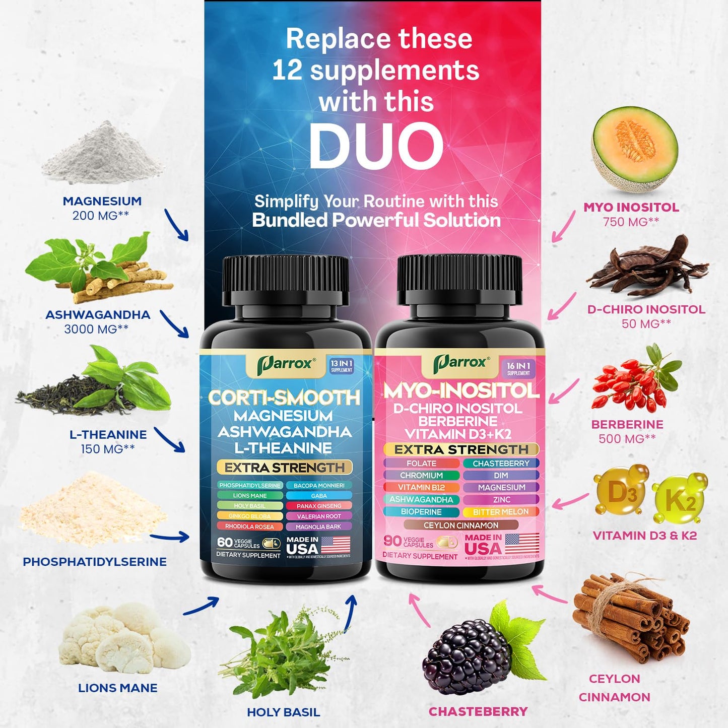 Parrox Cortisol & Myo-Inositol Supplement Bundle, Soothe & Smooth Bundle, 13-in-1 Cortisol Balance, Magnesium, Ashwagandha, L-Theanine, D-Chiro Inositol, Folate, Berberine, Chasteberry (150 Capsules) - Maple Wellness Supplements