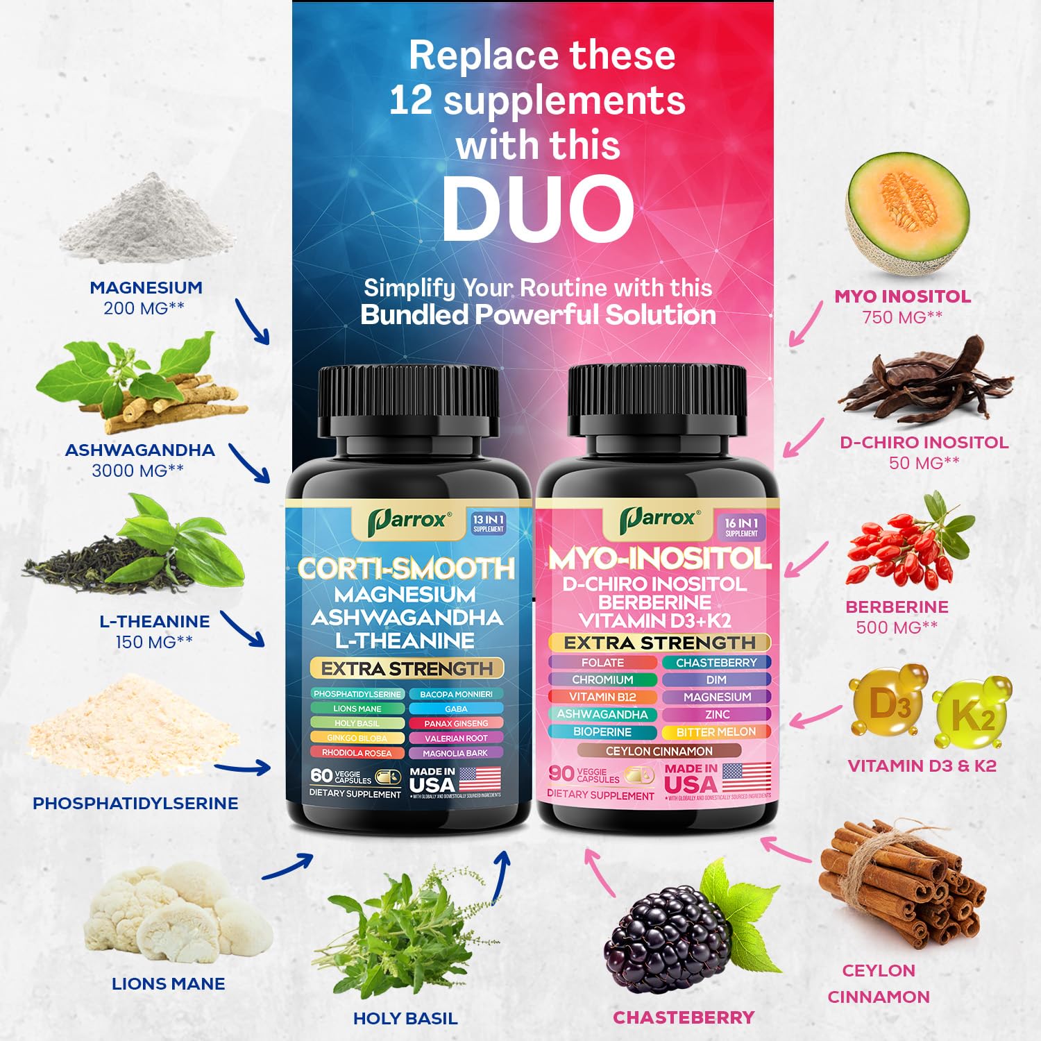 Parrox Cortisol & Myo-Inositol Supplement Bundle, Soothe & Smooth Bundle, 13-in-1 Cortisol Balance, Magnesium, Ashwagandha, L-Theanine, D-Chiro Inositol, Folate, Berberine, Chasteberry (150 Capsules) - Maple Wellness Supplements