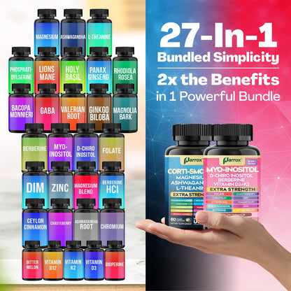 Parrox Cortisol & Myo-Inositol Supplement Bundle, Soothe & Smooth Bundle, 13-in-1 Cortisol Balance, Magnesium, Ashwagandha, L-Theanine, D-Chiro Inositol, Folate, Berberine, Chasteberry (150 Capsules) - Maple Wellness Supplements
