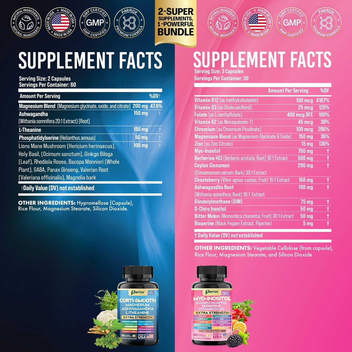 Parrox Cortisol & Myo-Inositol Supplement Bundle, Soothe & Smooth Bundle, 13-in-1 Cortisol Balance, Magnesium, Ashwagandha, L-Theanine, D-Chiro Inositol, Folate, Berberine, Chasteberry (150 Capsules) - Maple Wellness Supplements