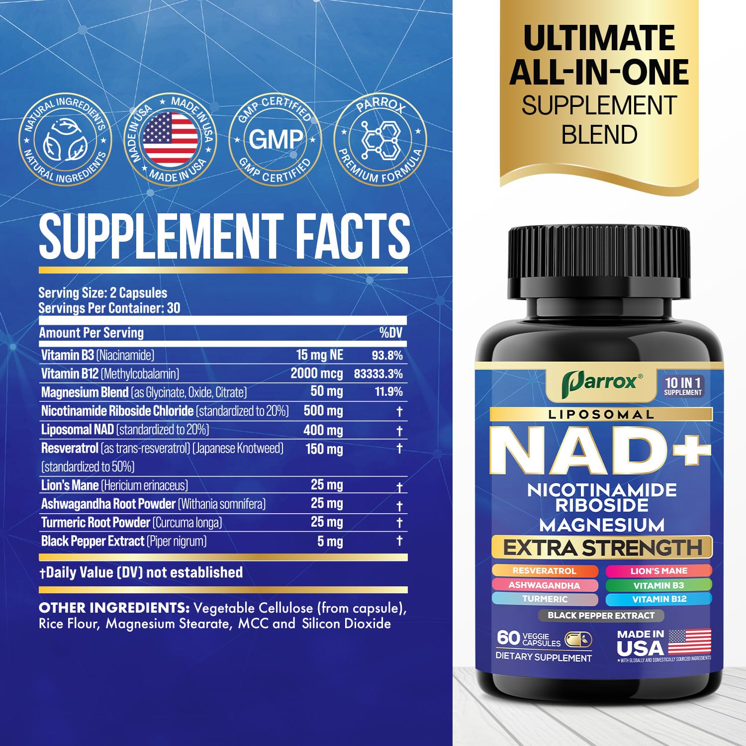 Parrox NAD+ Supplement with Liposomal NAD+, Nicotinamide Riboside, Magnesium, Vitamin B3 & B12, Resveratrol, Turmeric, Ashwagandha, Lion’s Mane,10-in-1 Extra Strength - Maple Wellness Supplements