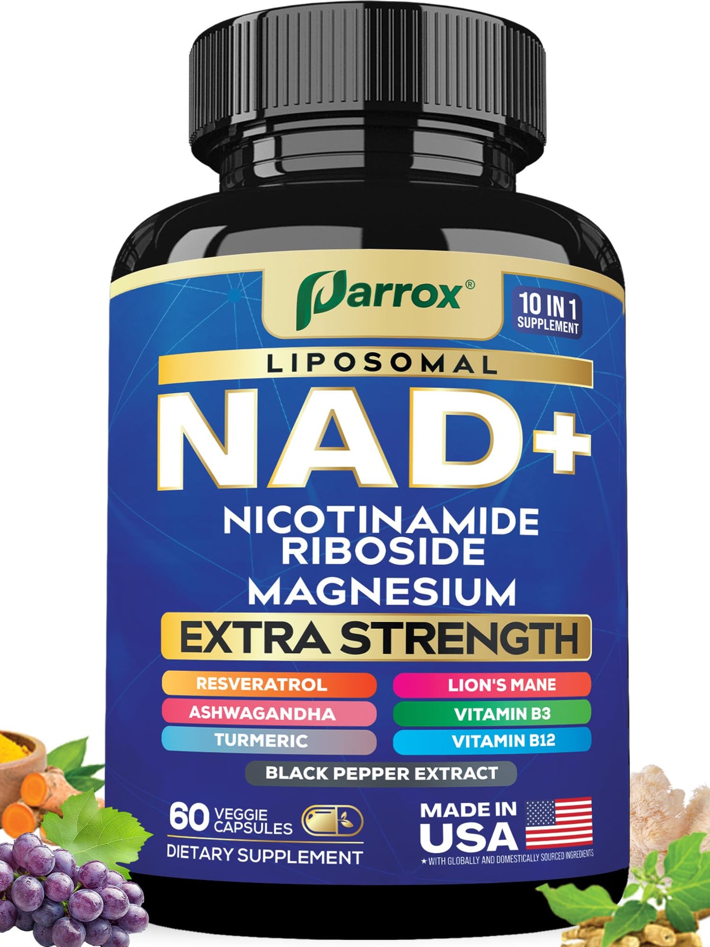 Parrox NAD+ Supplement with Liposomal NAD+, Nicotinamide Riboside, Magnesium, Vitamin B3 & B12, Resveratrol, Turmeric, Ashwagandha, Lion’s Mane,10-in-1 Extra Strength - Maple Wellness Supplements