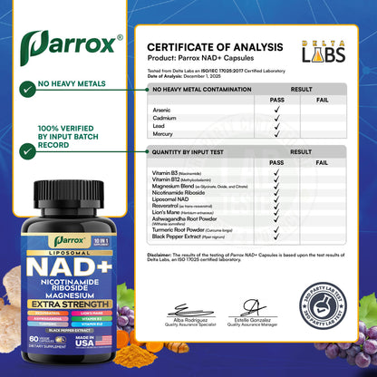 Parrox NAD+ Supplement with Liposomal NAD+, Nicotinamide Riboside, Magnesium, Vitamin B3 & B12, Resveratrol, Turmeric, Ashwagandha, Lion’s Mane,10-in-1 Extra Strength - Maple Wellness Supplements