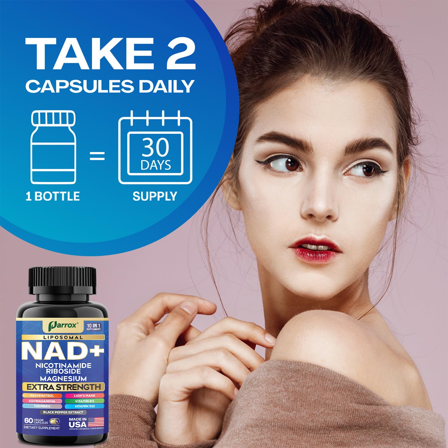 Parrox NAD+ Supplement with Liposomal NAD+, Nicotinamide Riboside, Magnesium, Vitamin B3 & B12, Resveratrol, Turmeric, Ashwagandha, Lion’s Mane,10-in-1 Extra Strength - Maple Wellness Supplements