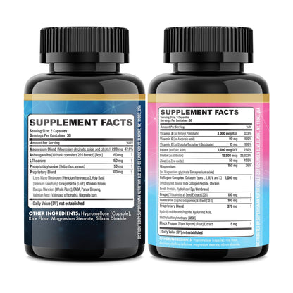 Parrox Shining Serenity Set, Cortisol Support with Ashwagandha, L-Theanine, Magnesium, Lions Mane, GABA, Bacopa Monnieri, Collagen I, II, III, V, X, Folate, Biotin, Keratin, Hyaluronic Acid, Quercetin - Maple Wellness Supplements