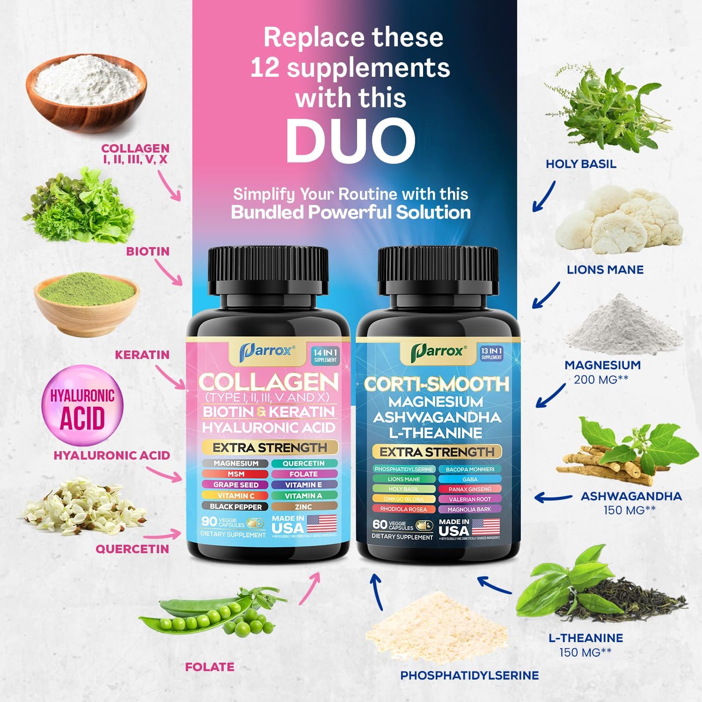 Parrox Shining Serenity Set, Cortisol Support with Ashwagandha, L-Theanine, Magnesium, Lions Mane, GABA, Bacopa Monnieri, Collagen I, II, III, V, X, Folate, Biotin, Keratin, Hyaluronic Acid, Quercetin - Maple Wellness Supplements