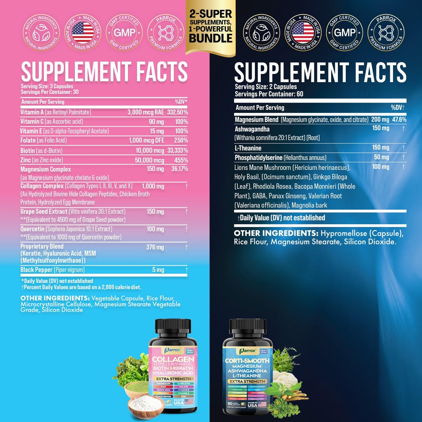Parrox Shining Serenity Set, Cortisol Support with Ashwagandha, L-Theanine, Magnesium, Lions Mane, GABA, Bacopa Monnieri, Collagen I, II, III, V, X, Folate, Biotin, Keratin, Hyaluronic Acid, Quercetin - Maple Wellness Supplements