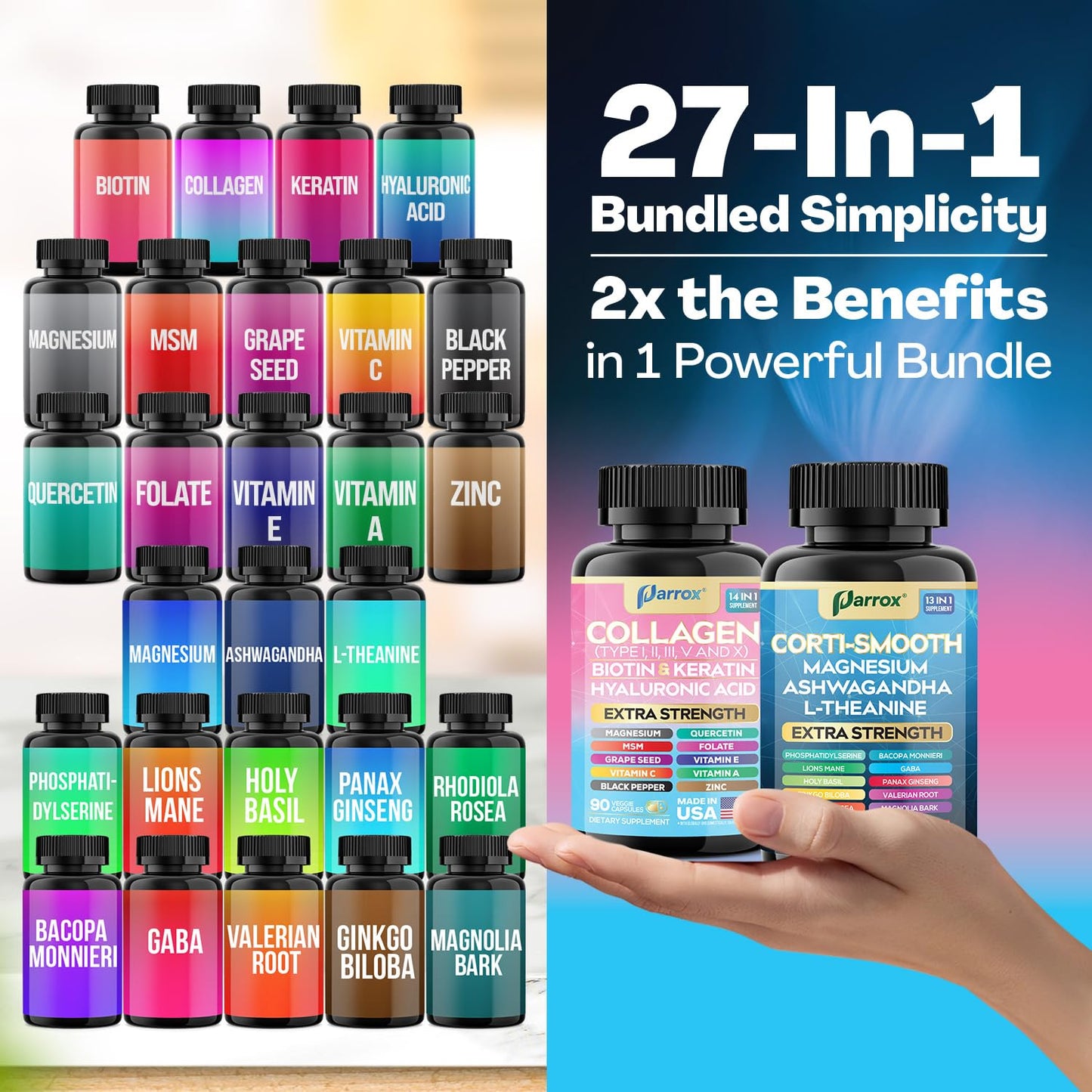Parrox Shining Serenity Set, Cortisol Support with Ashwagandha, L-Theanine, Magnesium, Lions Mane, GABA, Bacopa Monnieri, Collagen I, II, III, V, X, Folate, Biotin, Keratin, Hyaluronic Acid, Quercetin - Maple Wellness Supplements