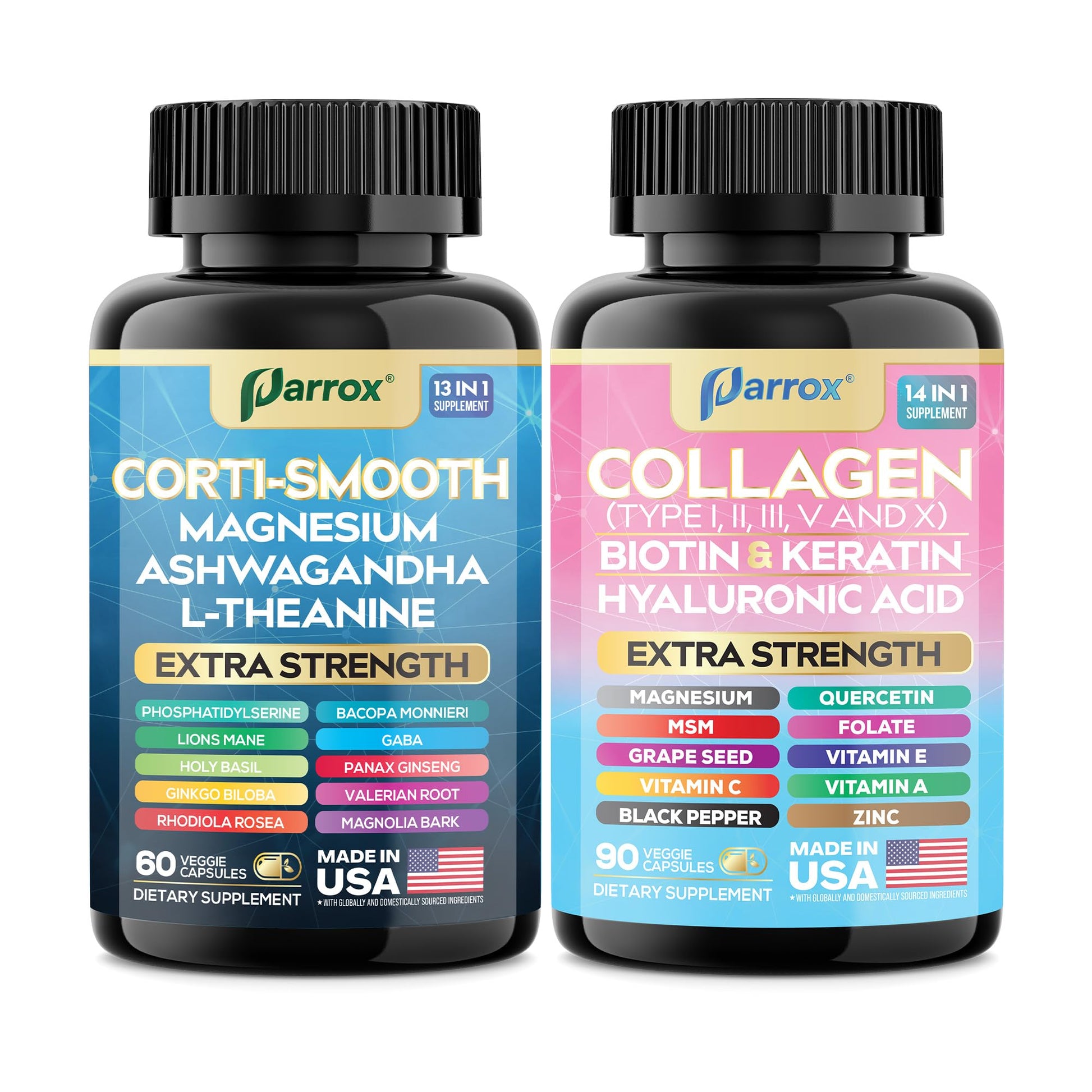 Parrox Shining Serenity Set, Cortisol Support with Ashwagandha, L-Theanine, Magnesium, Lions Mane, GABA, Bacopa Monnieri, Collagen I, II, III, V, X, Folate, Biotin, Keratin, Hyaluronic Acid, Quercetin - Maple Wellness Supplements