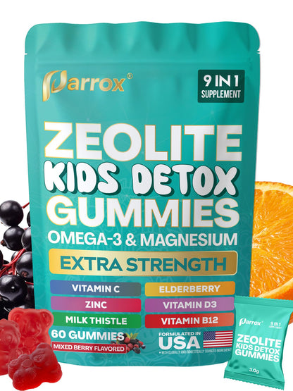 Parrox Zeolite Kids Gummies, 9-in-1 with Zeolite, Omega-3, Magnesium, Elderberry, Vitamin C, Milk Thistle, Vitamin D3, Zinc, B12 – Sugar-Free - Maple Wellness Supplements