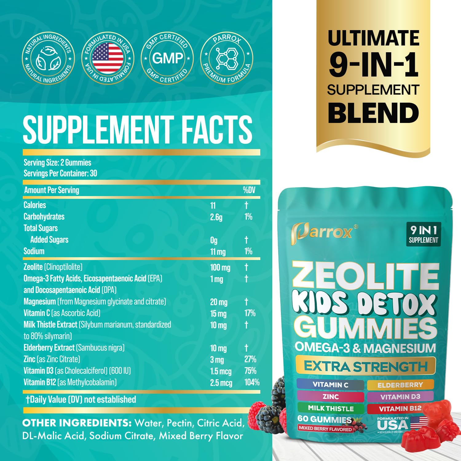 Parrox Zeolite Kids Gummies, 9-in-1 with Zeolite, Omega-3, Magnesium, Elderberry, Vitamin C, Milk Thistle, Vitamin D3, Zinc, B12 – Sugar-Free - Maple Wellness Supplements