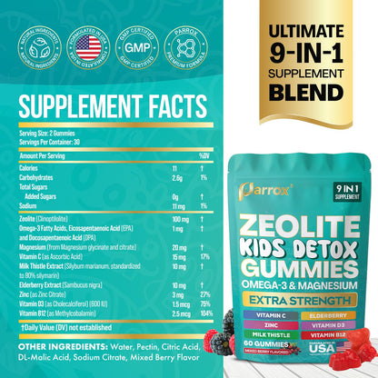 Parrox Zeolite Kids Gummies, 9-in-1 with Zeolite, Omega-3, Magnesium, Elderberry, Vitamin C, Milk Thistle, Vitamin D3, Zinc, B12 – Sugar-Free - Maple Wellness Supplements