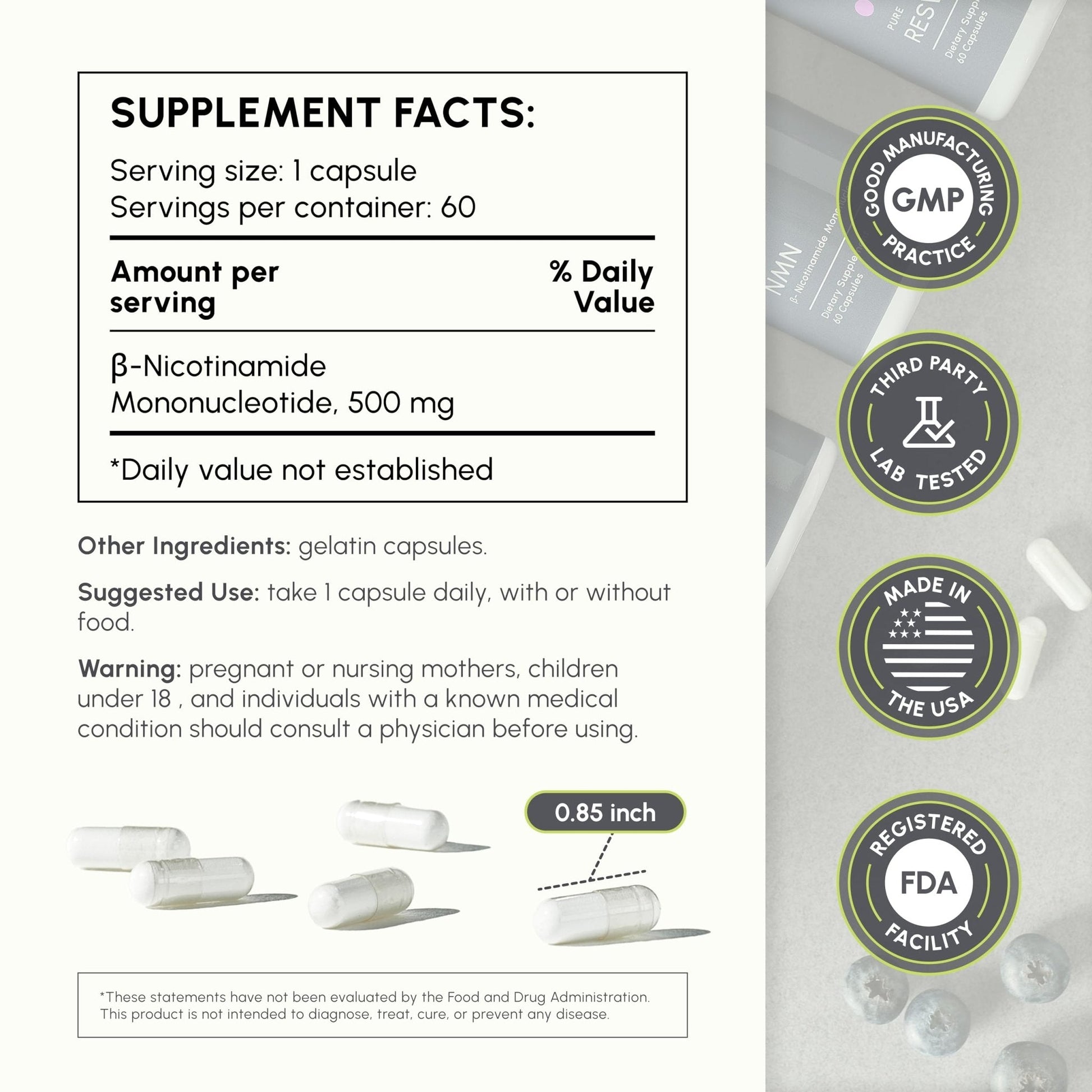 partiQlar NMN Supplement 500mg - High Purity Nicotinamide Mononucleotide - NAD+ Booster for Anti-Aging, Cellular Energy & Longevity - 60 Veggie Capsules - Maple Wellness Supplements