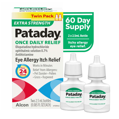 Pataday Once Daily Extra Strength Relief Allergy Eye Drops, 2.5 ml, Twin Pack, Antihistamine Eye Drops with Olopatadine 0.7% for Relief from Eye Allergy Itching, Works Up to 24 Hours - Maple Wellness Supplements