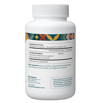Pattern Wellness Maca Root Extract 20:1-500mg Per Serving – for Men & Women – Tri-Color Black/Red/Yellow Blend – 60 Vegan, Non-GMO Capsules - Maple Wellness Supplements