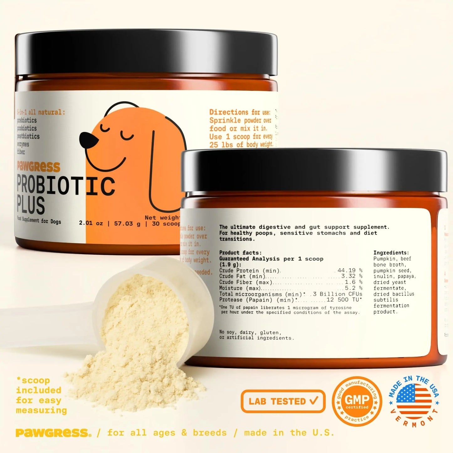 Pawgress 5-in-1 Dog Probiotic Powder – 100% Natural Gut Health Support with Prebiotics, Postbiotics & Enzymes - Made in USA – 30 Scoops - Maple Wellness Supplements