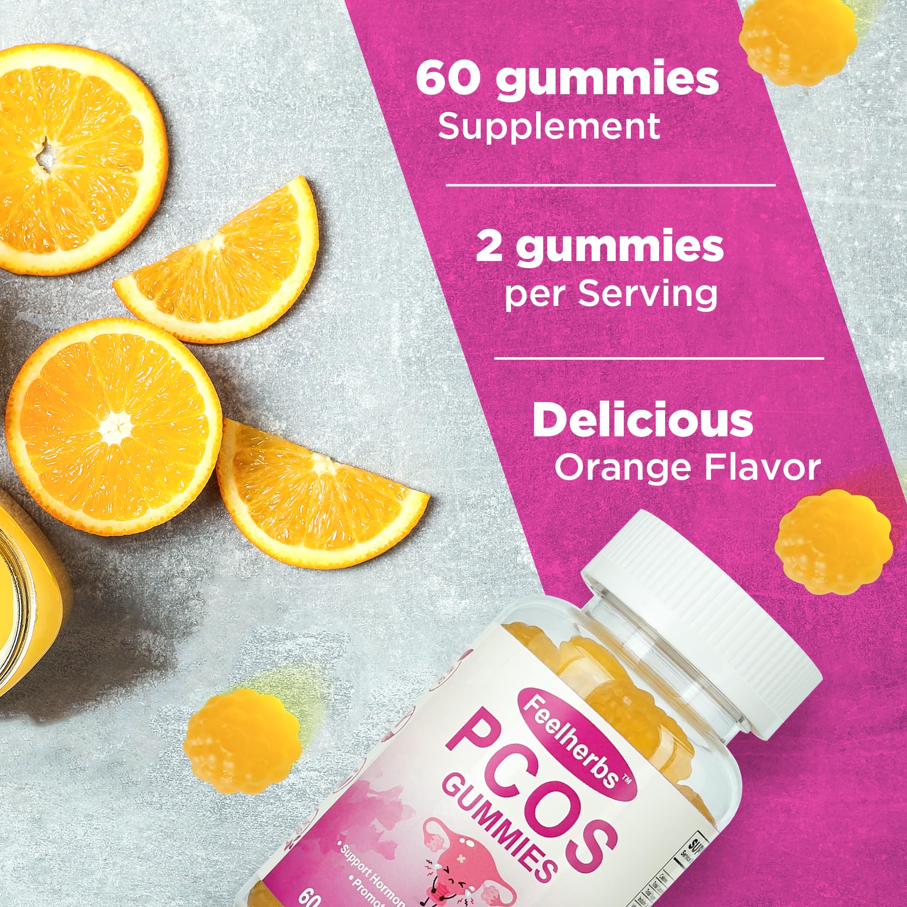PCOS Gummies for Women Menstrual Cycle & Hormonal Balance, 60 Count Ovarian Support Gummies with Myo-Inositol, Folate and Vitamins, Orange Flavor PCOS Vitamins Gummies Helps Fertility and Ovulation - Maple Wellness Supplements