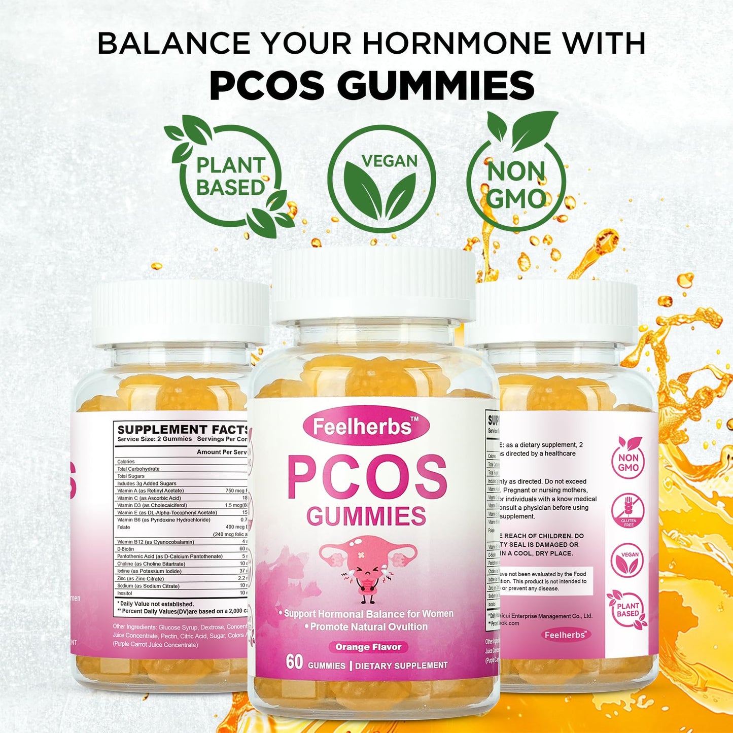 PCOS Gummies for Women Menstrual Cycle & Hormonal Balance, 60 Count Ovarian Support Gummies with Myo-Inositol, Folate and Vitamins, Orange Flavor PCOS Vitamins Gummies Helps Fertility and Ovulation - Maple Wellness Supplements