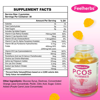 PCOS Gummies for Women Menstrual Cycle & Hormonal Balance, 60 Count Ovarian Support Gummies with Myo-Inositol, Folate and Vitamins, Orange Flavor PCOS Vitamins Gummies Helps Fertility and Ovulation - Maple Wellness Supplements