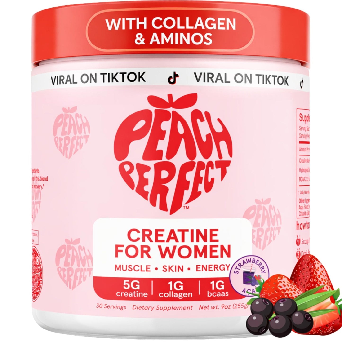 Peach Perfect Creatine Blend for Women – Micronized Creatine Monohydrate with BCAA & Collagen for Glute Strength Support – Strawberry Acai – 30 Servings - Maple Wellness Supplements