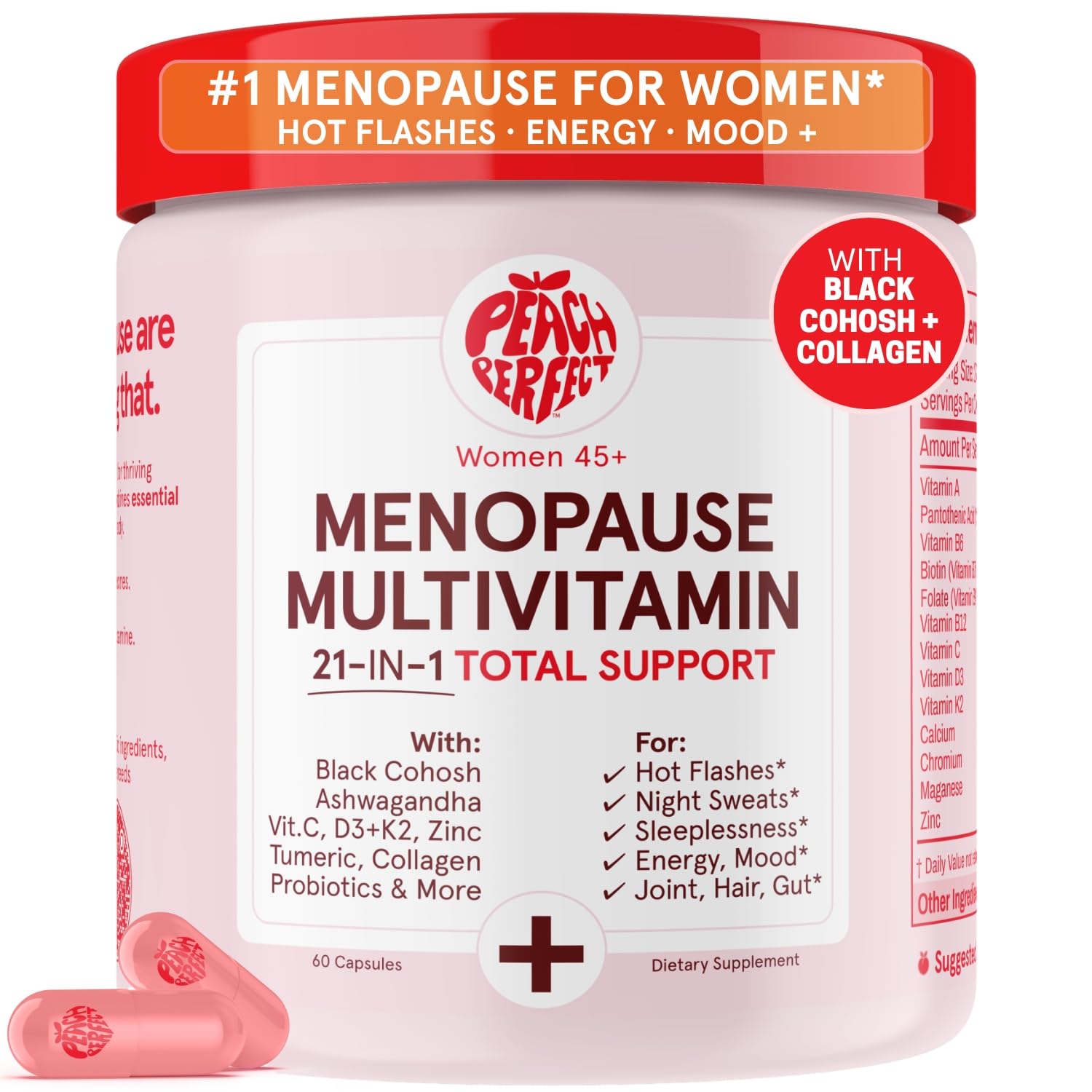 Peach Perfect Menopause Multivitamin | 21 Vitamins for Women 45+ | Black Cohosh, Ashwagandha, Vitamin D3+K2, Probiotics & Collagen | Support for Hot Flashes, Mood Swings, Joint & Skin Health | 30 SVG - Maple Wellness Supplements