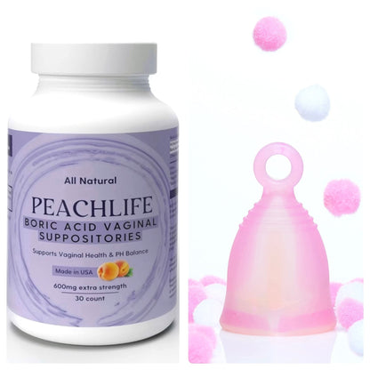 Peachlife Boric Acid Suppositories and Small Soft Menstrual Cup with Ring Pull - Maple Wellness Supplements