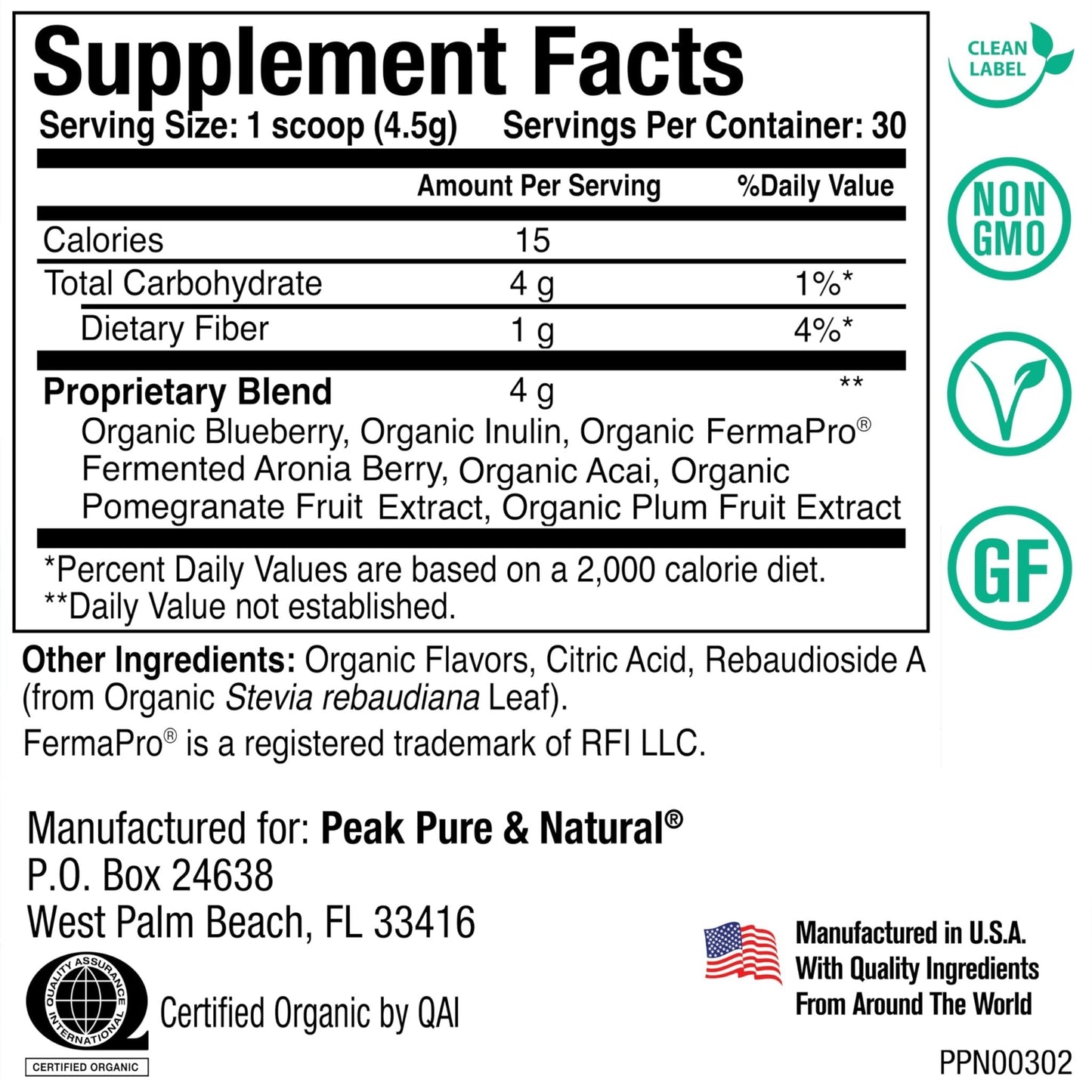 Peak Organic Superfruits - Polyphenol Rich Superfood Powder - Non-GMO Fermented Aronia Berry, Acai, Blueberry, Pomegranate, and Plum - Aging, Metabolic Health, Heart Health (30 Servings) - Maple Wellness Supplements