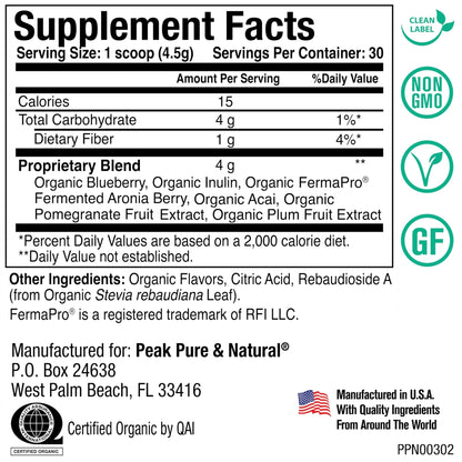 Peak Organic Superfruits - Polyphenol Rich Superfood Powder - Non-GMO Fermented Aronia Berry, Acai, Blueberry, Pomegranate, and Plum - Aging, Metabolic Health, Heart Health (30 Servings) - Maple Wellness Supplements