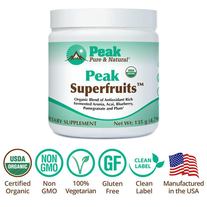Peak Organic Superfruits - Polyphenol Rich Superfood Powder - Non-GMO Fermented Aronia Berry, Acai, Blueberry, Pomegranate, and Plum - Aging, Metabolic Health, Heart Health (30 Servings) - Maple Wellness Supplements