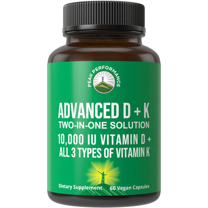 Peak Performance Advanced Vitamin D 10000 IU with All 3 Types of Vitamin K - 10,000 Vitamin D3 and Vitamin K2, K1, MK-7 (MK7), MK4 Capsules Supplement - 60 Small and Easy to Swallow Pills - Maple Wellness Supplements