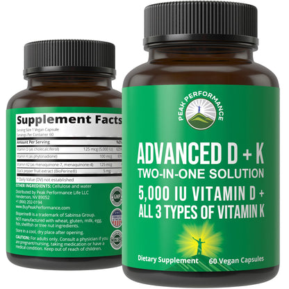 Peak Performance Advanced Vitamin D 5000 IU with All 3 Types of Vitamin K Vitamin D3 and Vitamin K2, K1, MK-7 (MK7), MK4 Supplement - Maple Wellness Supplements