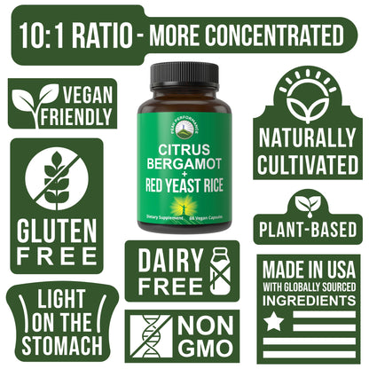 Peak Performance Citrus Bergamot + Red Yeast Rice. 2-in-1 Supplement. High Strength 10:1 Bergamot Extract. No Gluten, Zero Sugar, Vegan Capsules - Maple Wellness Supplements