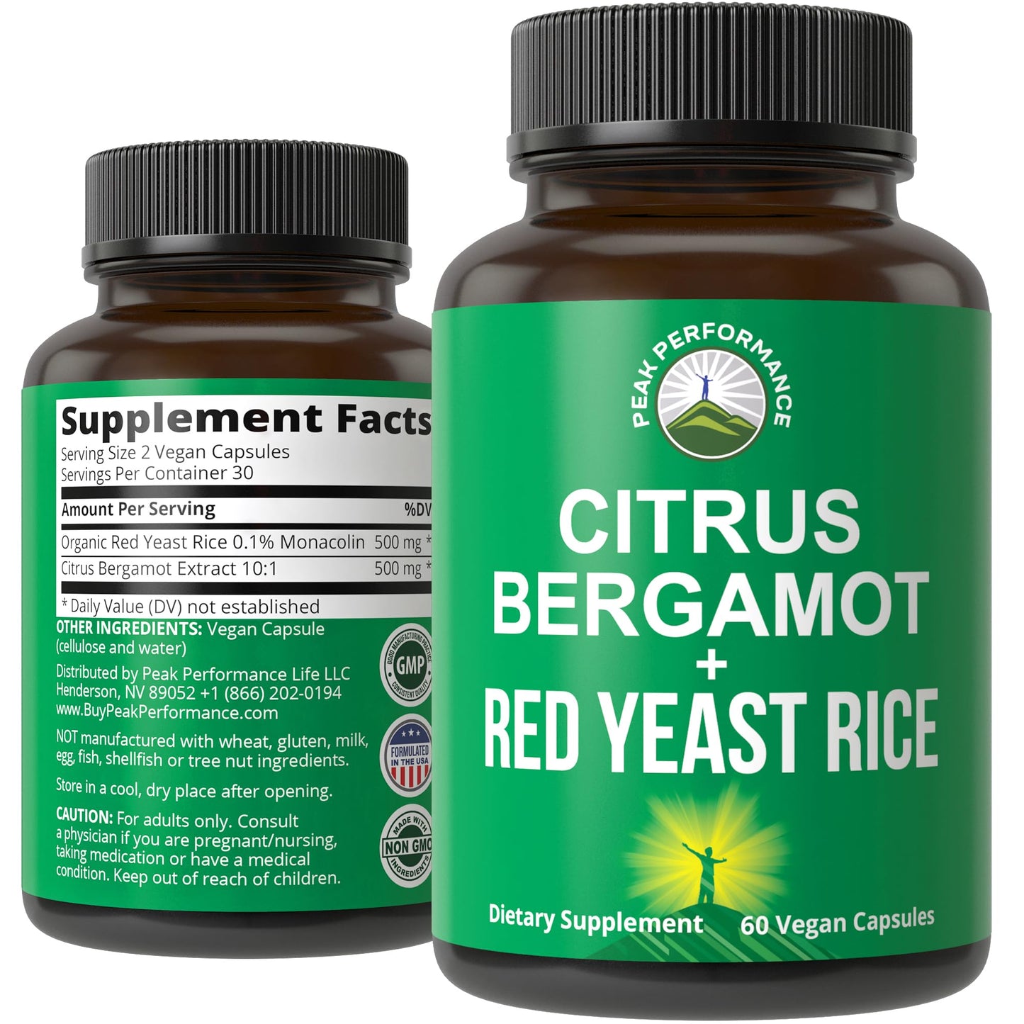 Peak Performance Citrus Bergamot + Red Yeast Rice. 2-in-1 Supplement. High Strength 10:1 Bergamot Extract. No Gluten, Zero Sugar, Vegan Capsules - Maple Wellness Supplements