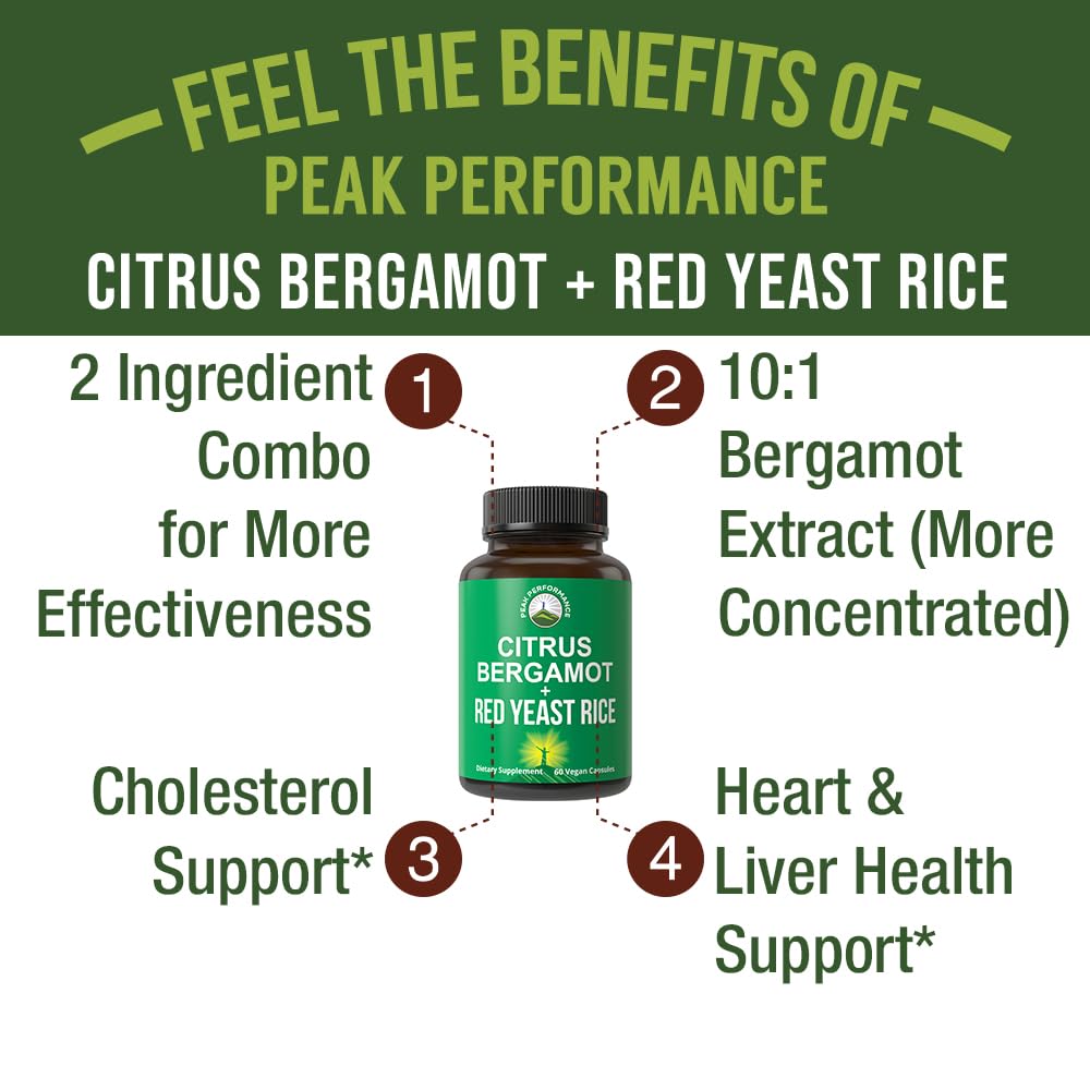 Peak Performance Citrus Bergamot + Red Yeast Rice. 2-in-1 Supplement. High Strength 10:1 Bergamot Extract. No Gluten, Zero Sugar, Vegan Capsules - Maple Wellness Supplements