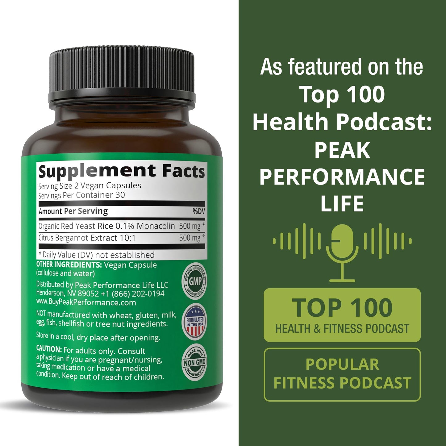 Peak Performance Citrus Bergamot + Red Yeast Rice. 2-in-1 Supplement. High Strength 10:1 Bergamot Extract. No Gluten, Zero Sugar, Vegan Capsules - Maple Wellness Supplements
