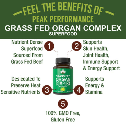 Peak Performance Grass Fed Beef Organ Complex from New Zealand (180 Capsules) Desiccated Organs Superfood Pills. GrassFed Beef Liver Capsules with Heart, Kidney, Pancreas, Spleen. Supplement - Maple Wellness Supplements