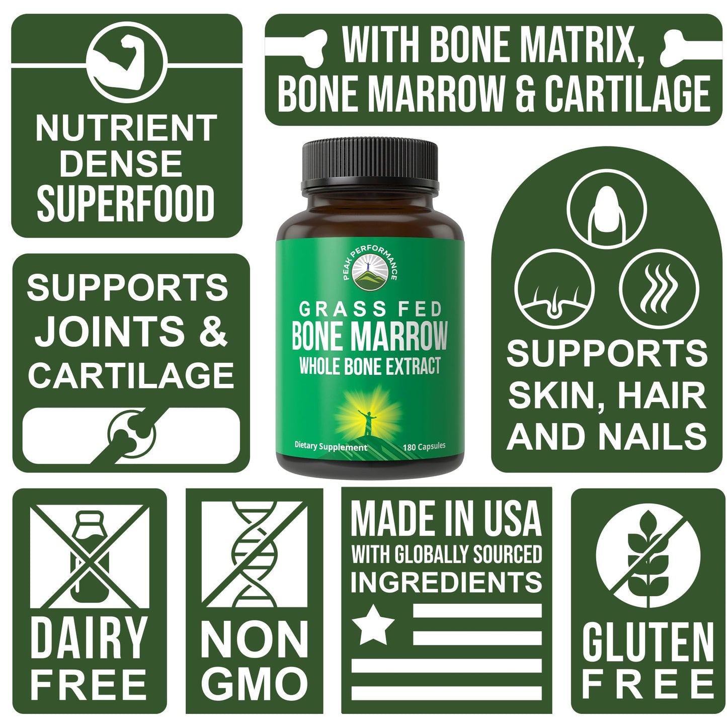 Peak Performance Grass Fed Bone Marrow - Whole Bone Extract Supplement 180 Capsules. Superfood Pills Rich in Collagen, Vitamins, and Amino Acids. from Matrix, Marrow, Cartilage. Ancestral Tablets - Maple Wellness Supplements