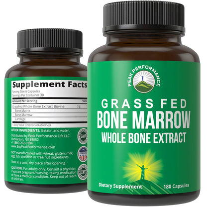 Peak Performance Grass Fed Bone Marrow - Whole Bone Extract Supplement 180 Capsules. Superfood Pills Rich in Collagen, Vitamins, and Amino Acids. from Matrix, Marrow, Cartilage. Ancestral Tablets - Maple Wellness Supplements