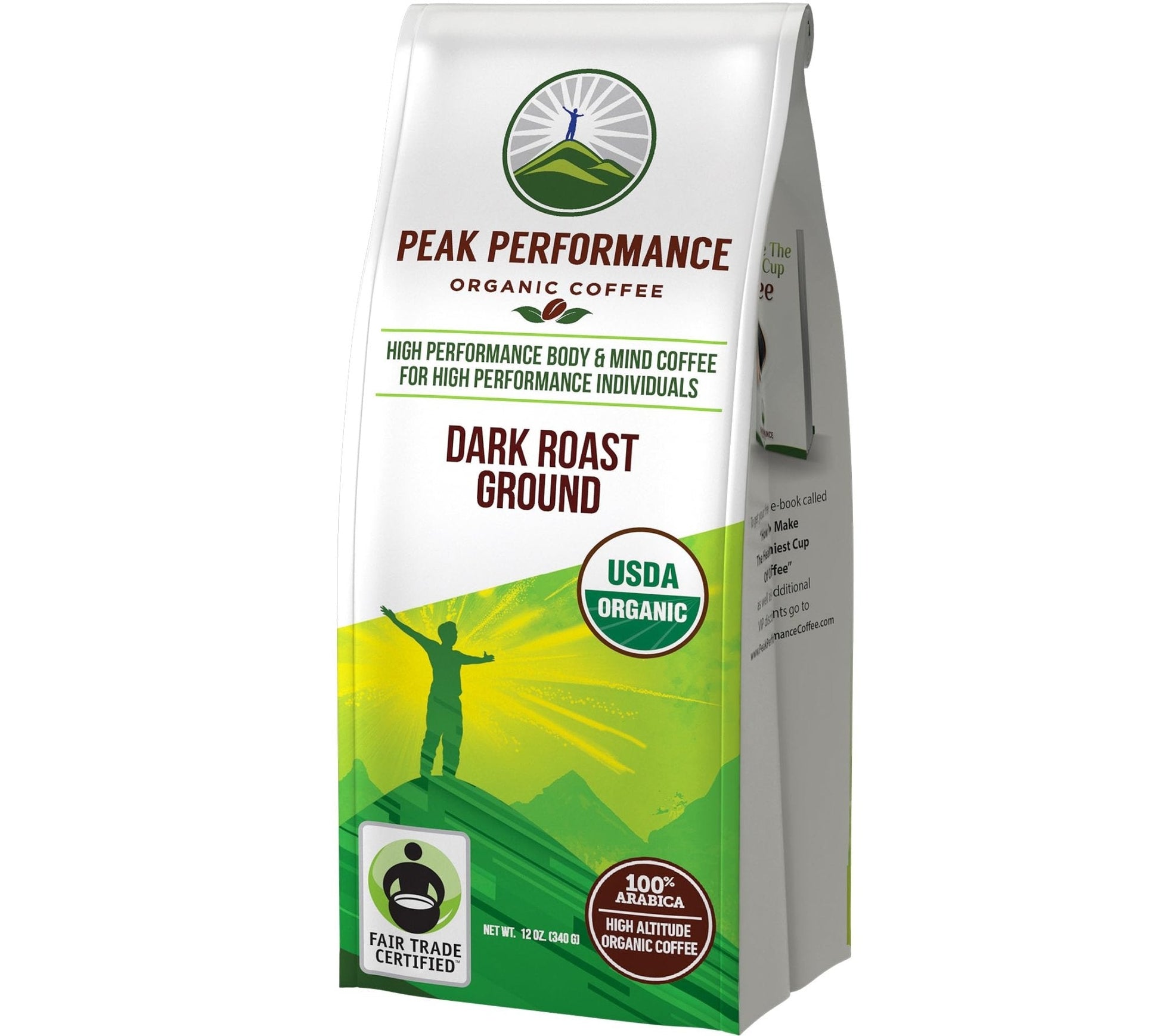 Peak Performance High Altitude Organic Coffee - Fair Trade, Low Acid, Non GMO, and Beans Full of Antioxidants - Dark Roast Smooth Tasting USDA Certified Organic Ground Coffee Bag 12 oz - Maple Wellness Supplements